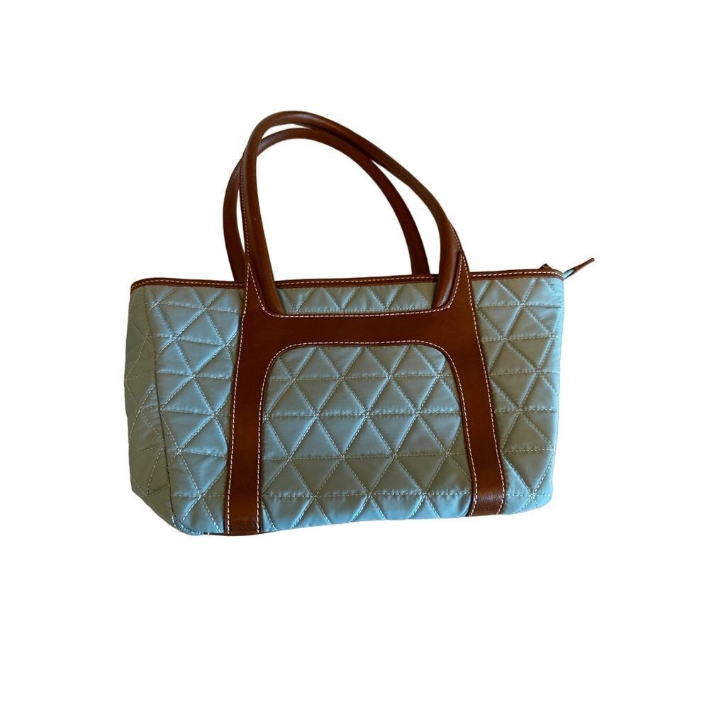 LOFT Ann Taylor Blue Turquoise Quilted Shoulder Bag Vegan Leather Trim Zip Top